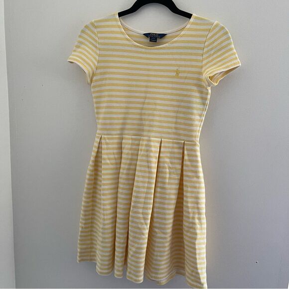 Polo Ralph Lauren yellow white striped pleated dress girls size L 12-14 - Picture 4 of 7